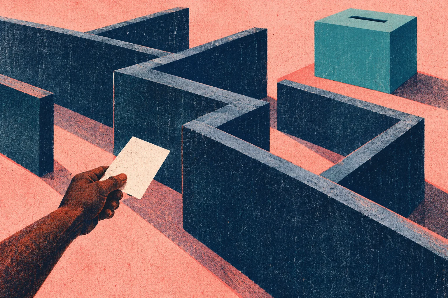 A hand holds a blank ballot beside a maze of dark blue walls, with a teal ballot box beyond the maze on a coral background.