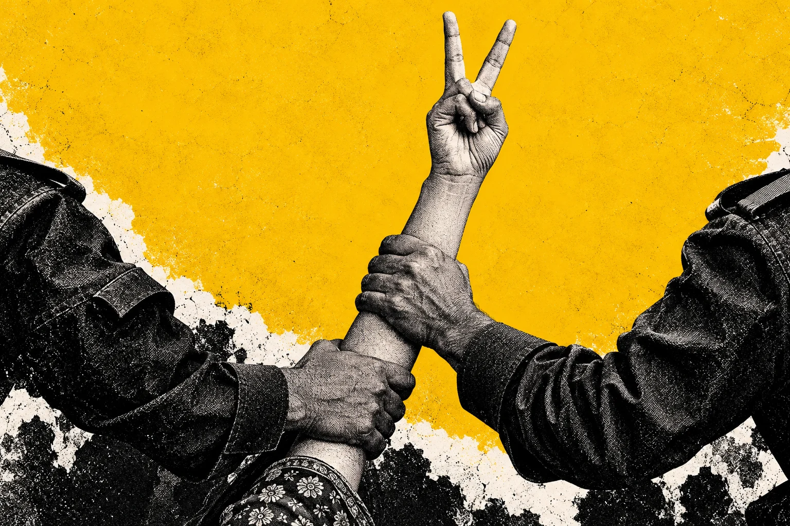 Two people in dark sleeves grip a raised arm whose hand makes a peace sign against a textured yellow, black, and white background.