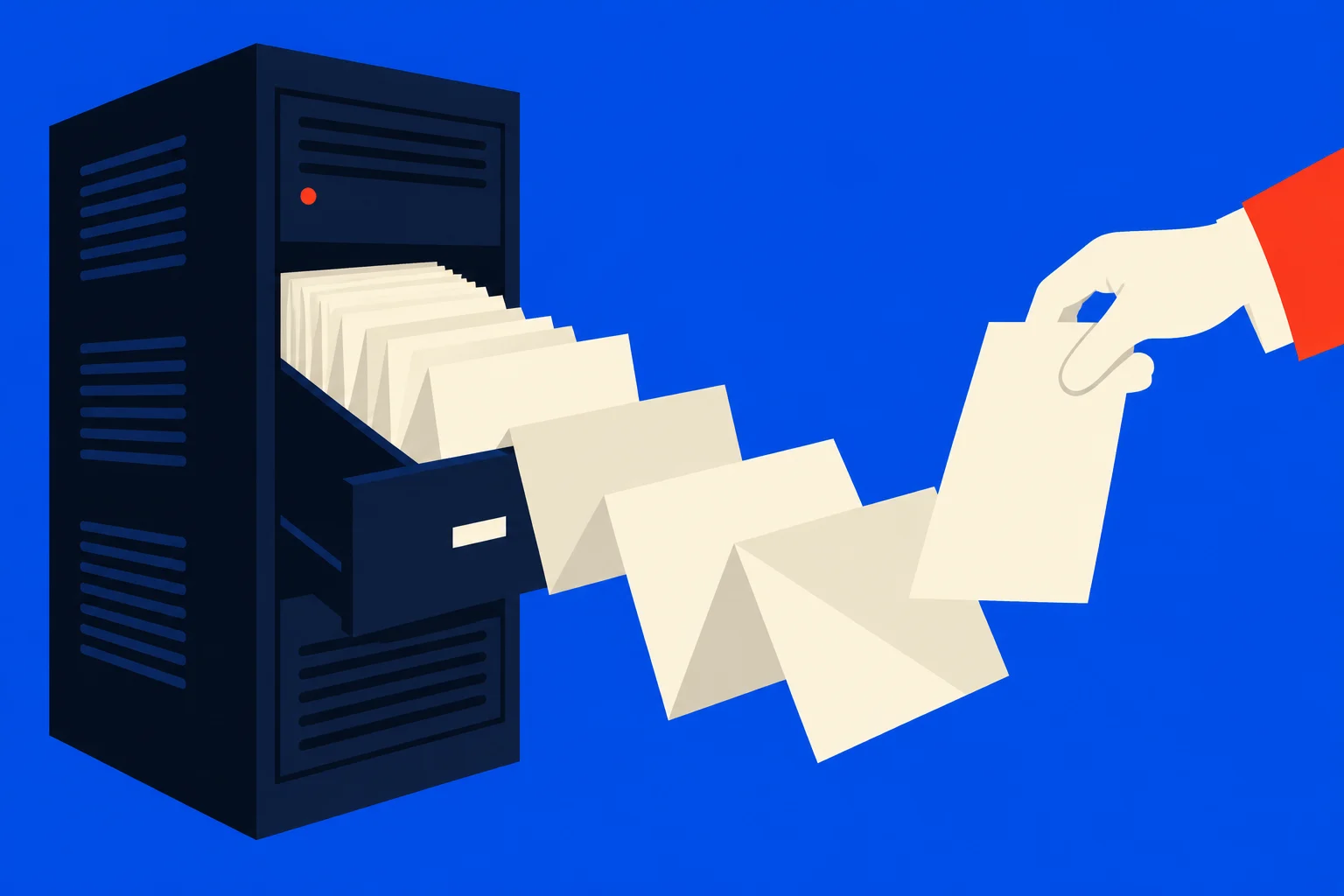 A hand pulls a long strip of cream paper from an open drawer in a dark server cabinet against a bright blue background.