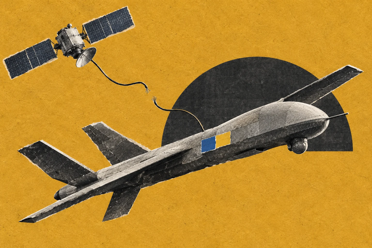 A collage shows a drone bearing blue and yellow markings connected by a severed cable to a satellite against a textured yellow background.