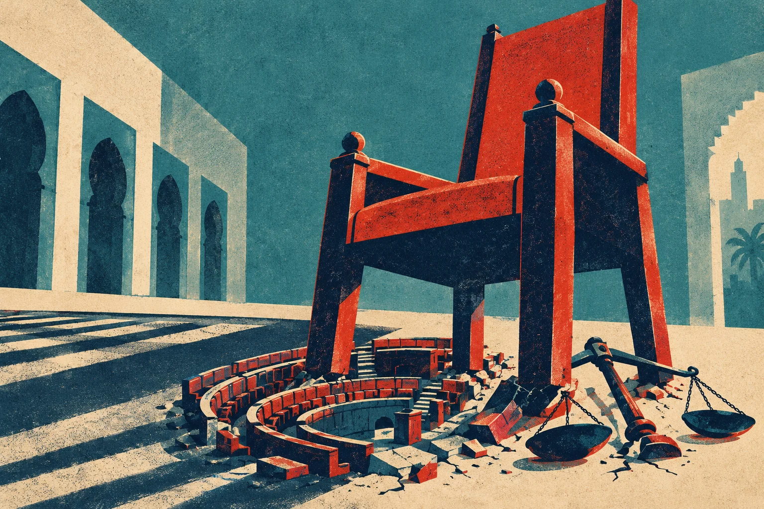 A towering red chair stands over a crumbling circular brick structure beside fallen balance scales in a sunlit courtyard with arched doorways and long shadows.