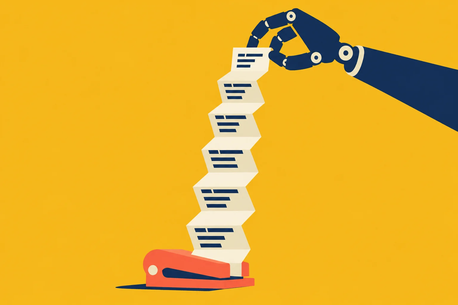 A blue robotic hand holds a long accordion-folded paper strip emerging from an orange stapler against a yellow background.