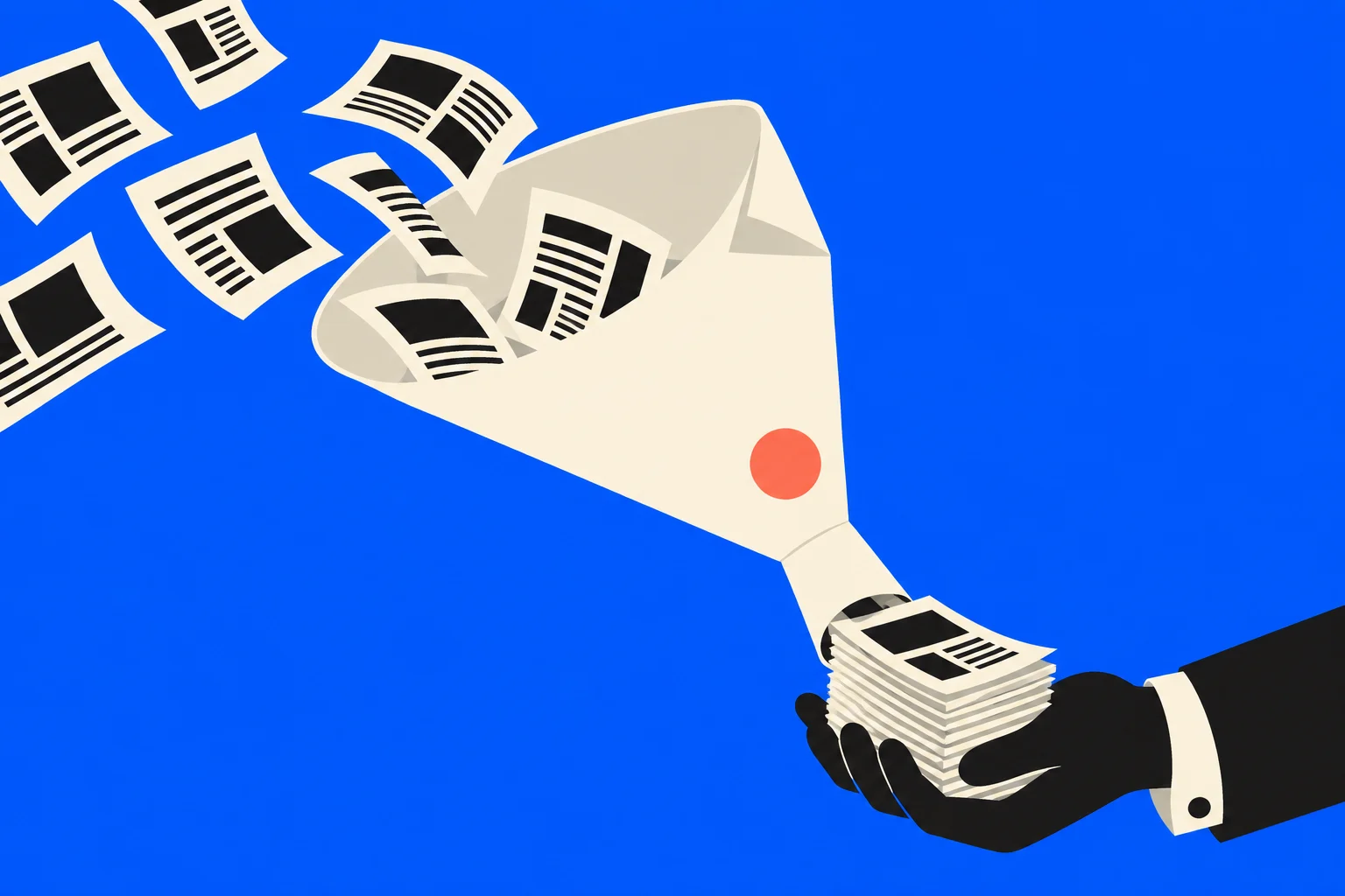 Newspaper pages flow through a cream funnel into a stack held by a black-gloved hand against a bright blue background.