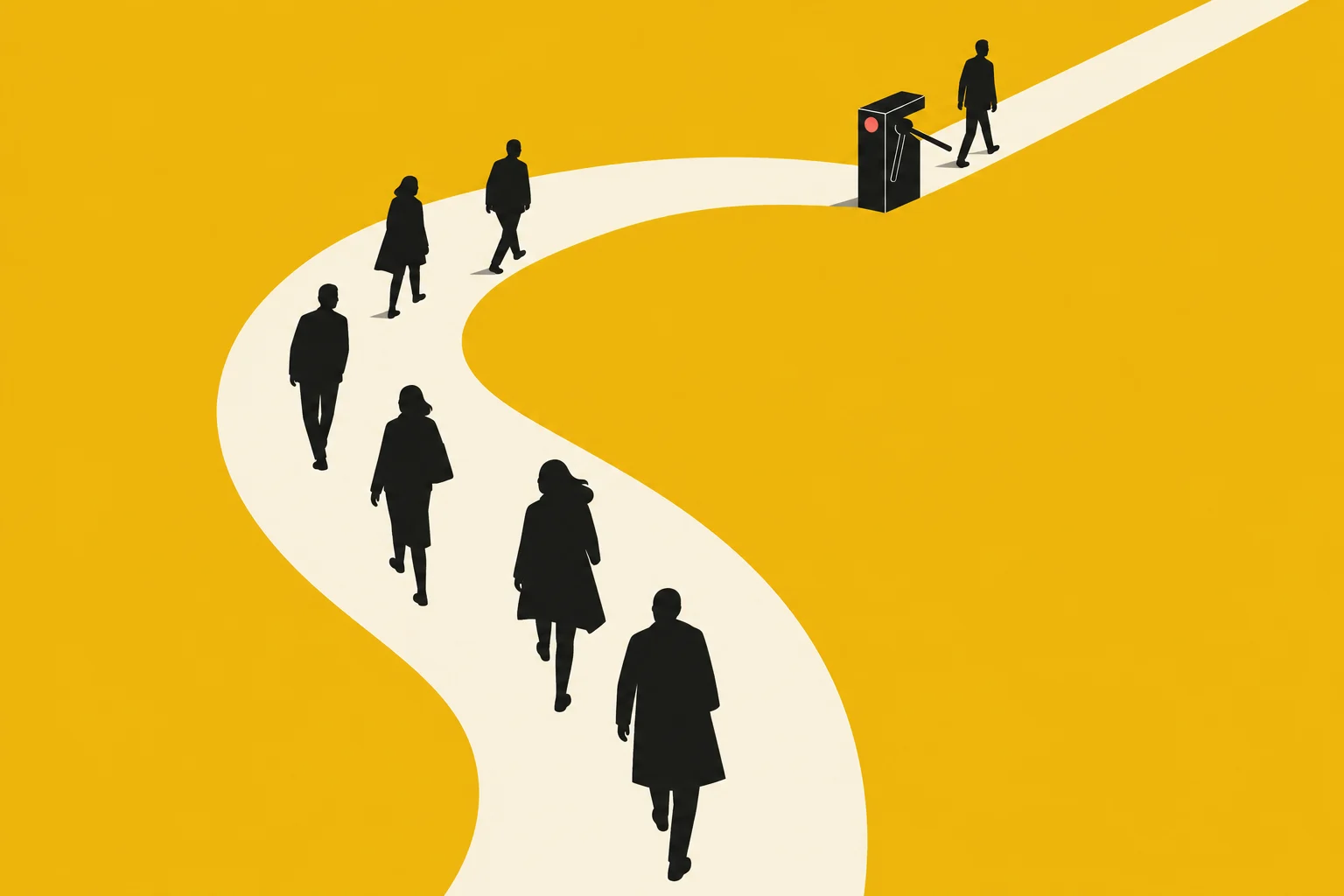 Black silhouettes walk along a winding cream path across a yellow background toward a turnstile, with one person already beyond the barrier.
