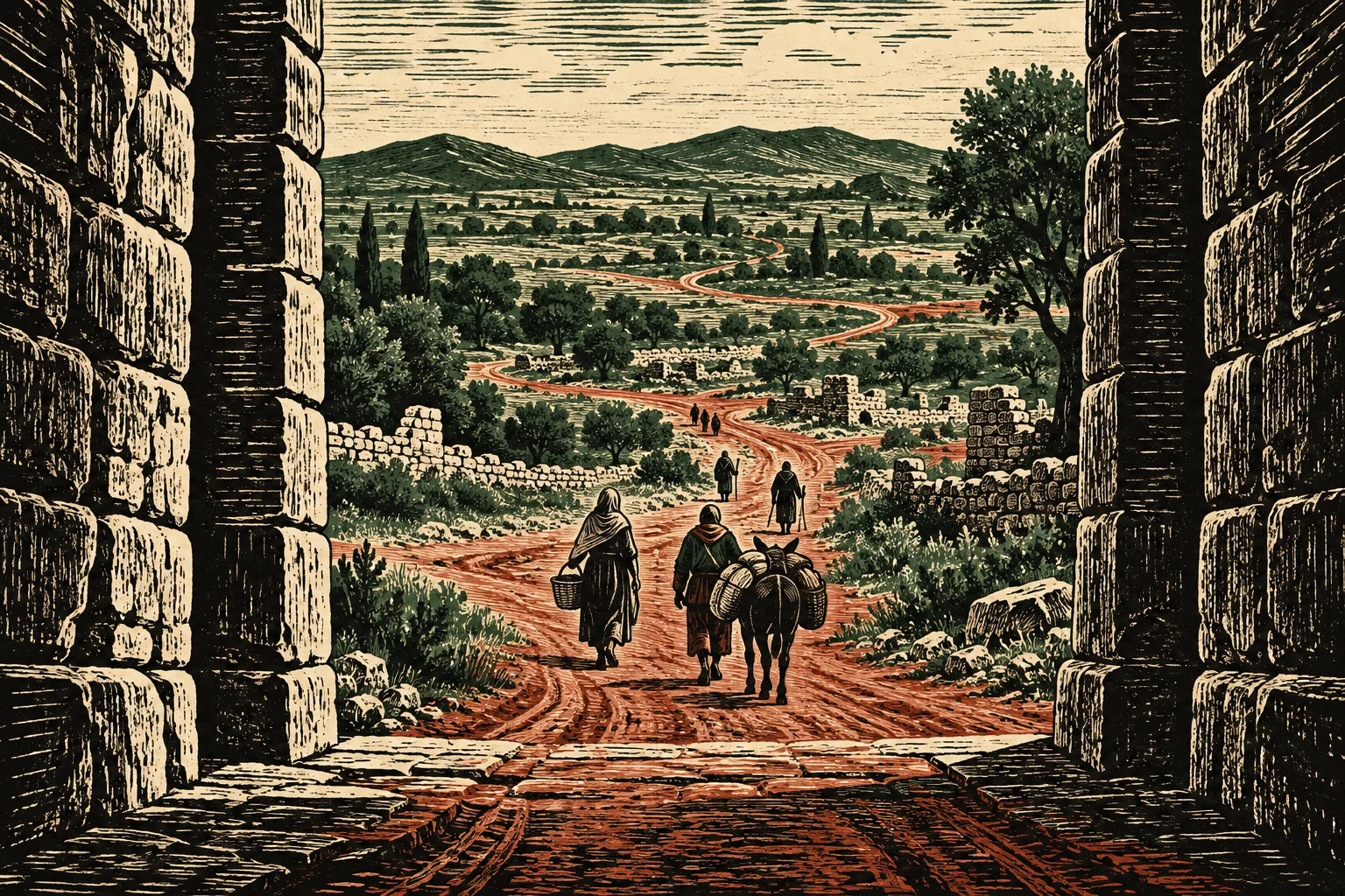 Two robed travelers and a laden donkey follow a winding red road through stone ruins and green countryside, viewed from a massive stone gateway.