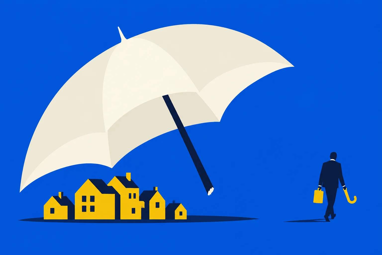 A giant cream umbrella shelters yellow houses against a blue background while a businessman walks away carrying a briefcase and a yellow umbrella handle.
