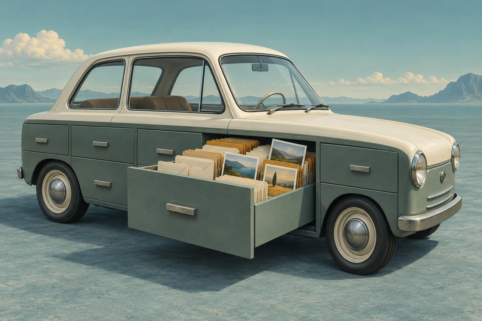 A vintage cream and green car has filing cabinet drawers built into its sides, with one open drawer holding folders and photographs beside a mountainous sea.
