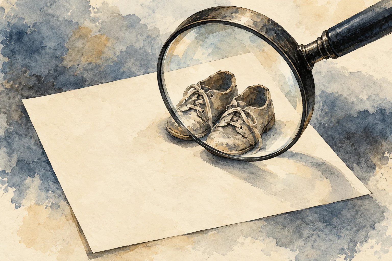 A watercolor illustration shows a magnifying glass enlarging a pair of worn shoes on a blank sheet of paper.