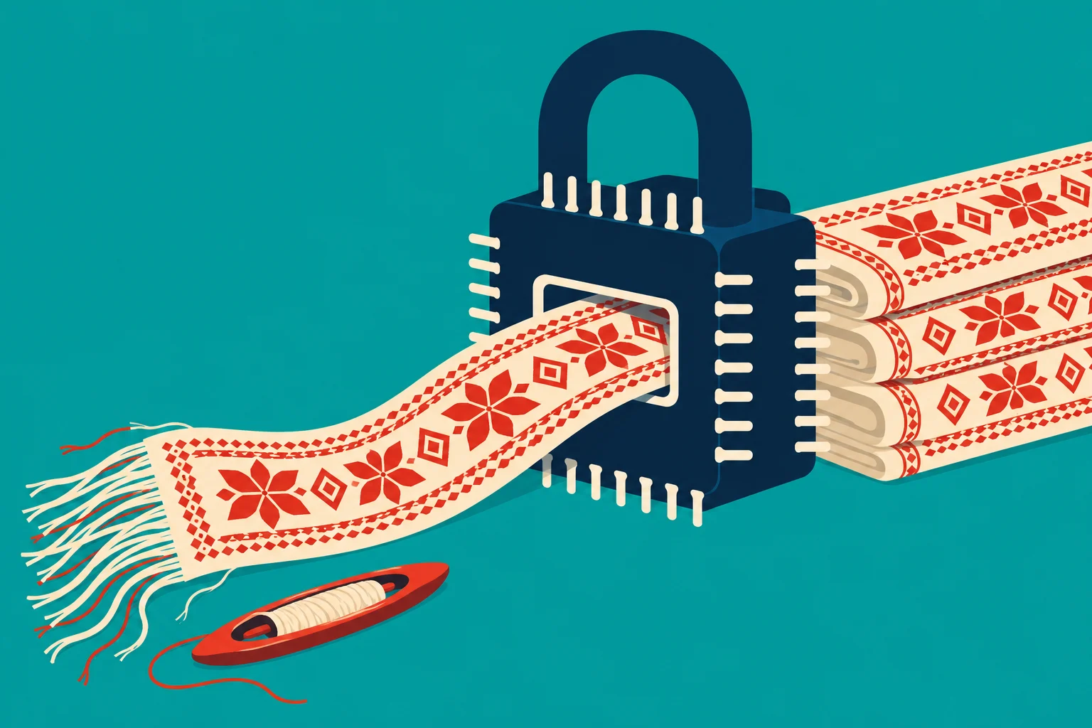 A navy padlock shaped like a computer chip surrounds a cream textile with red geometric patterns, beside folded fabric and a weaving shuttle on teal.