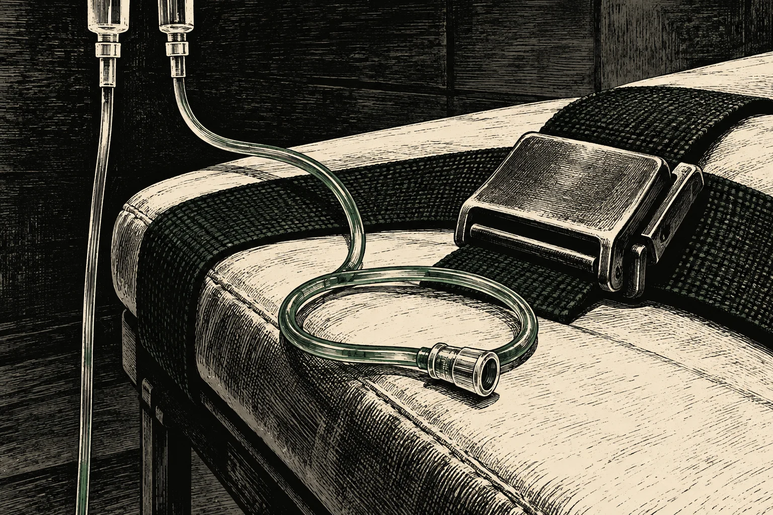 An engraving shows a padded table with broad black restraint straps, a large metal buckle, and green tubing with metal connectors.