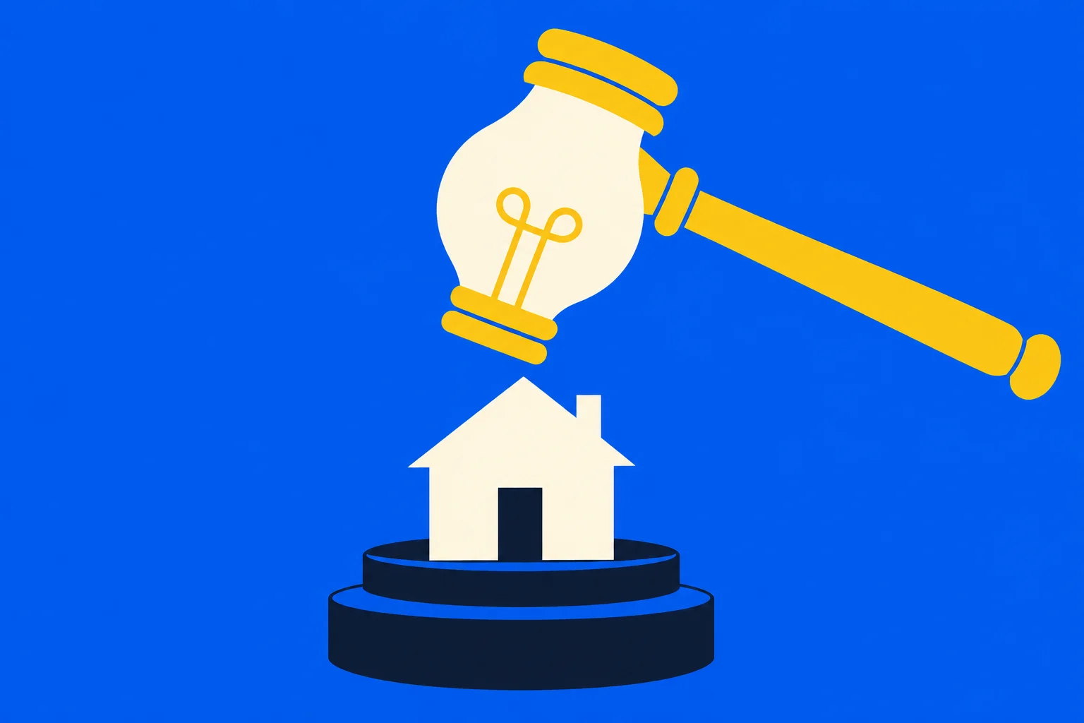 A yellow gavel with a lightbulb-shaped head hovers above a cream-colored house on a dark two-tier pedestal against a bright blue background.
