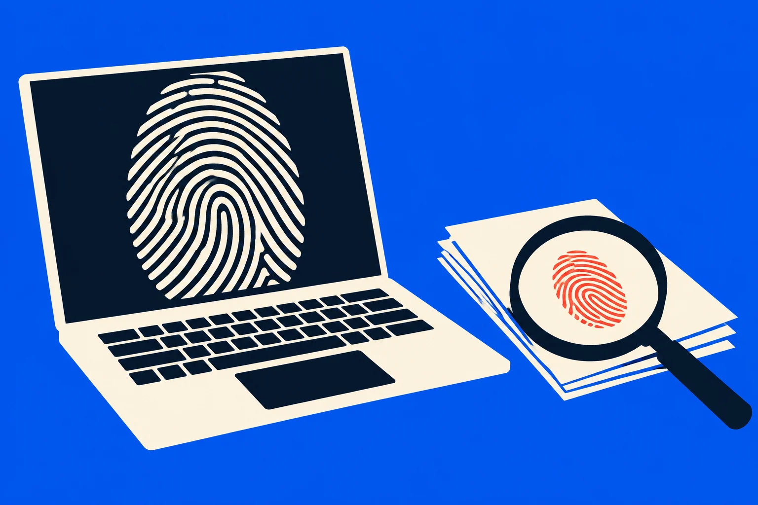 A laptop displays a large fingerprint beside stacked papers and a magnifying glass enlarging a red fingerprint against a blue background.