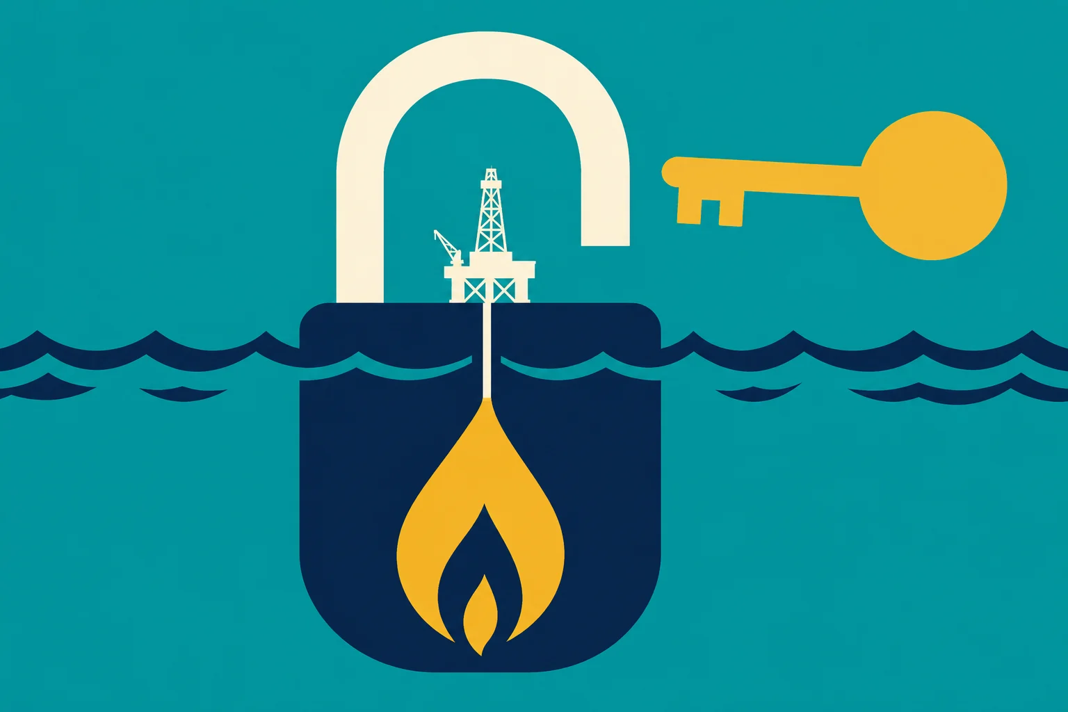An open padlock contains an offshore oil rig above waves and a yellow flame below, with a yellow key beside it against a teal background.