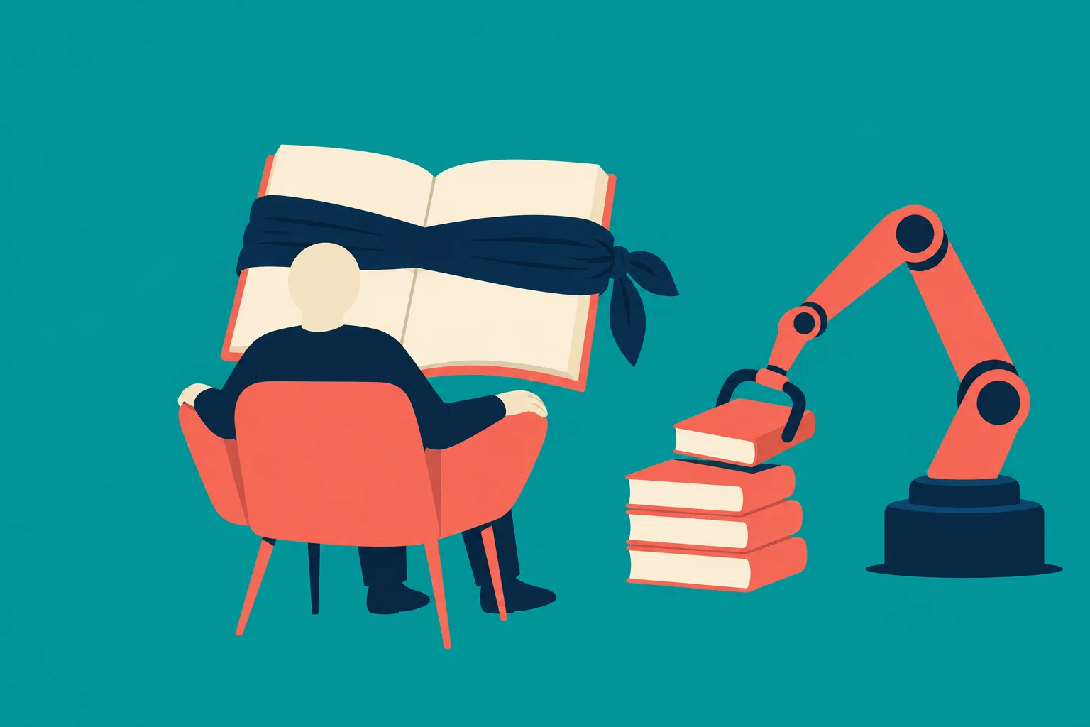 A person sits in a coral chair facing a large book wrapped in a dark blindfold, while a robotic arm lifts a book from a stack.