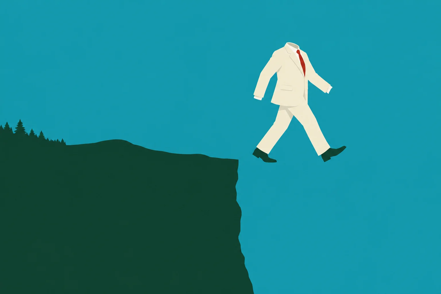 A headless figure in a cream suit and red tie strides off a dark green cliff against a turquoise background.