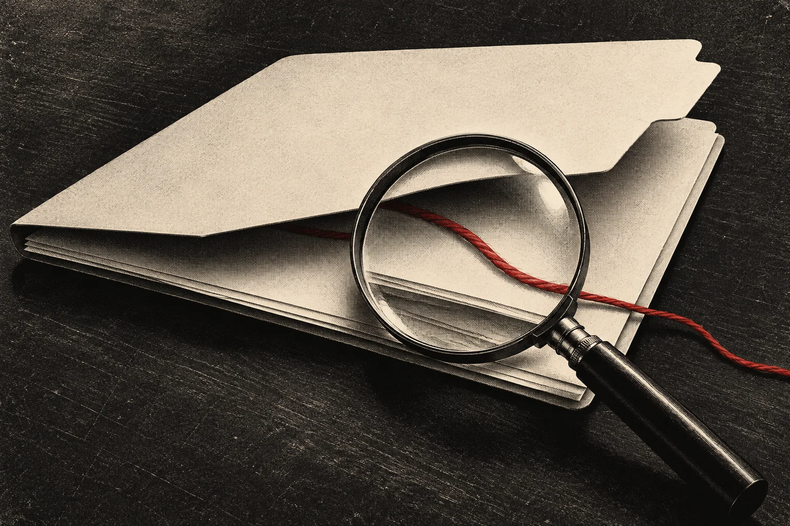 A magnifying glass rests on a cream folder and papers, enlarging a red cord that trails across a dark, textured surface.