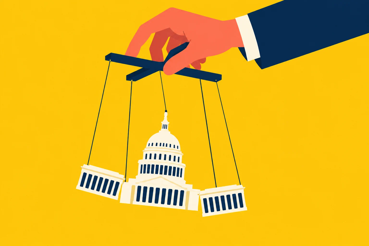 A hand in a suit manipulates puppet strings attached to the U.S. Capitol building against a yellow background.