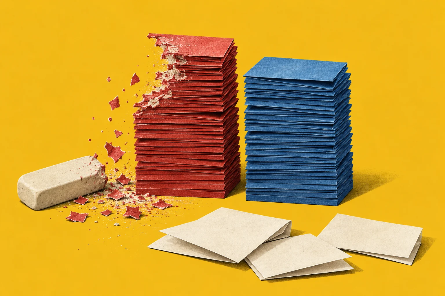 A crumbling stack of red envelopes stands beside an intact blue stack, with an eraser, scattered fragments, and cream envelopes on a yellow background.