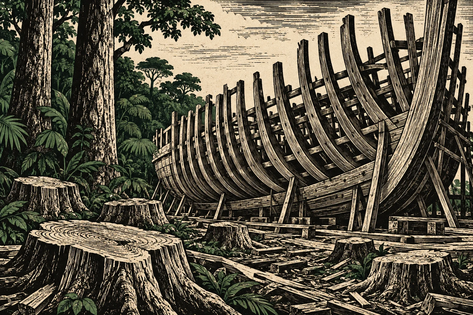 A woodcut-style illustration shows a massive wooden ship under construction beside a dense forest, surrounded by tree stumps, scattered timber, and leafy plants.