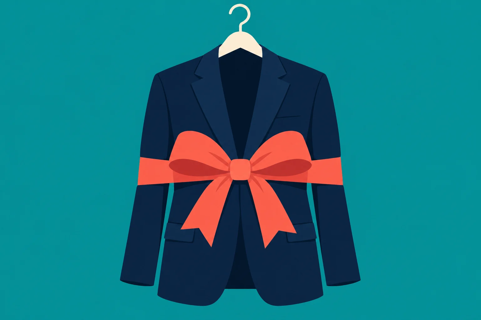 A navy blue suit jacket hangs on a cream hanger, wrapped with a large coral red ribbon and bow against a teal background.