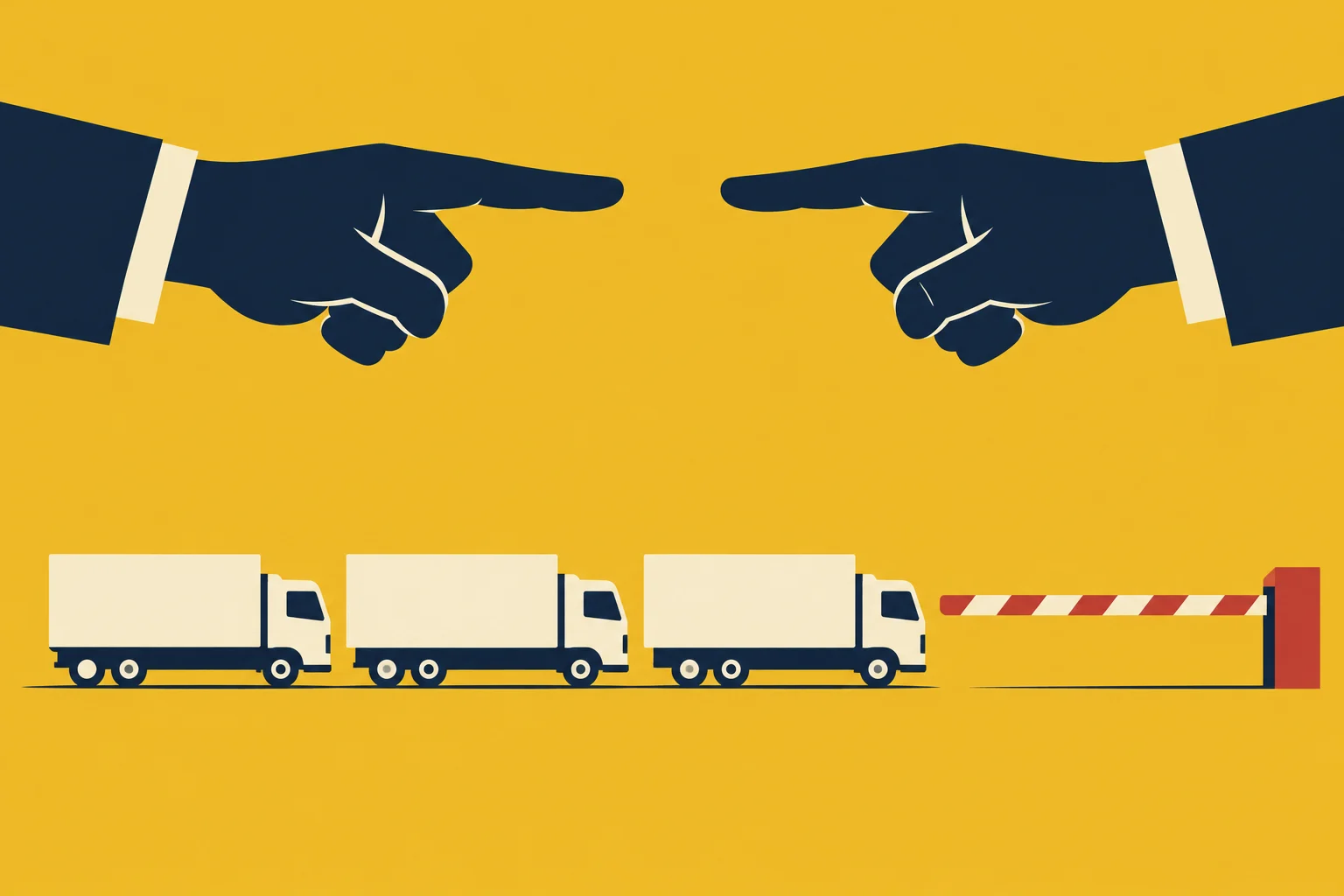 Two hands point at each other above three delivery trucks waiting at a lowered red-and-white barrier against a yellow background.