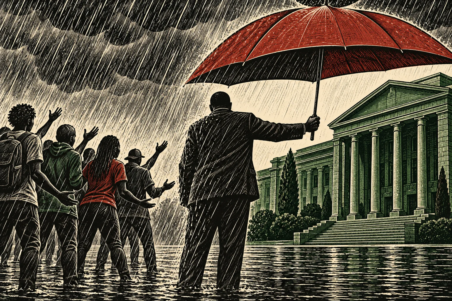 A suited man holds a large red umbrella beside a crowd standing in heavy rain outside a columned institutional building.