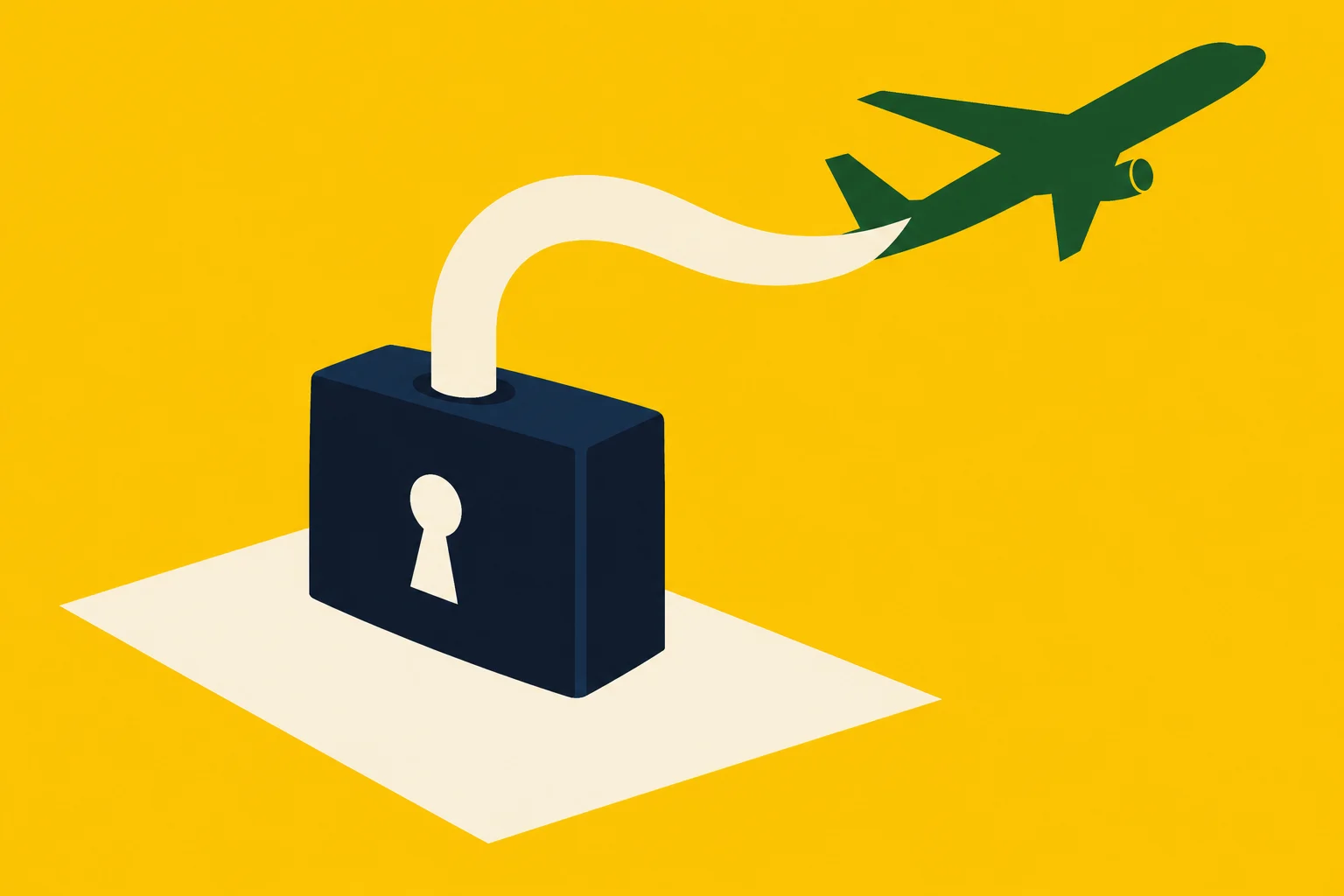 A dark padlock with a keyhole has a cream ribbon extending upward toward a green airplane against a bright yellow background.