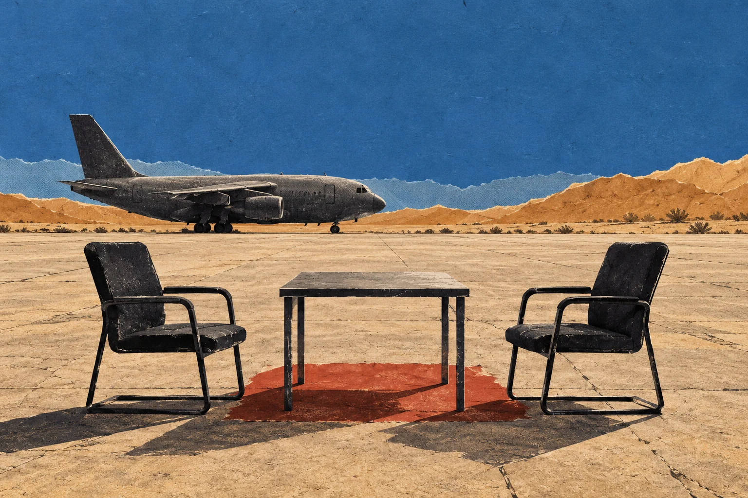 Two empty black chairs face each other across a table on a red rug on a desert airstrip, with a military transport plane behind them.