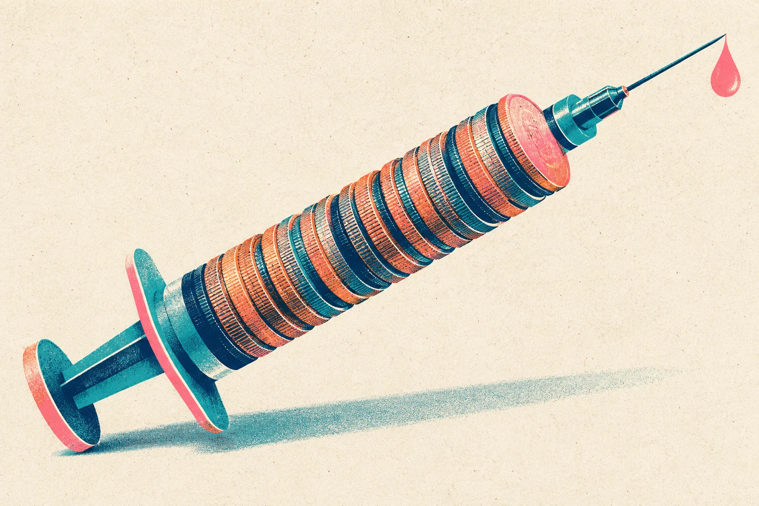 A stylized syringe made of stacked coins points diagonally upward, with a pink droplet hanging from its needle against a textured cream background.
