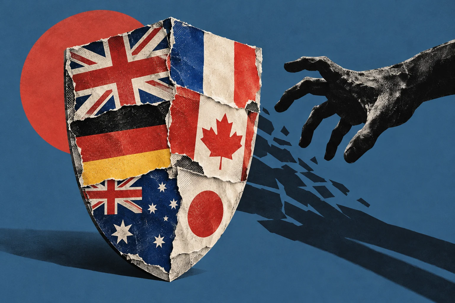 A shield covered with British, French, German, Canadian, Australian, and Japanese flags splinters near an outstretched dark hand against a blue background and red circle.