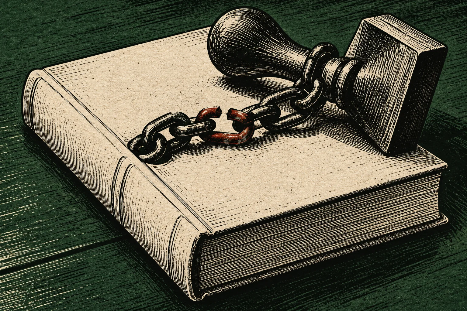 A vintage-style illustration shows a broken chain draped across a closed book, with one end attached to a large wooden stamp on a green surface.