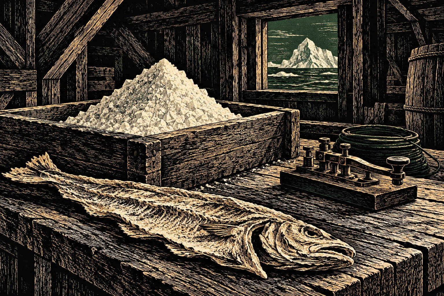 A woodcut-style scene shows a dried fish, a crate of salt, and a telegraph key inside a wooden hut overlooking icy water and mountains.