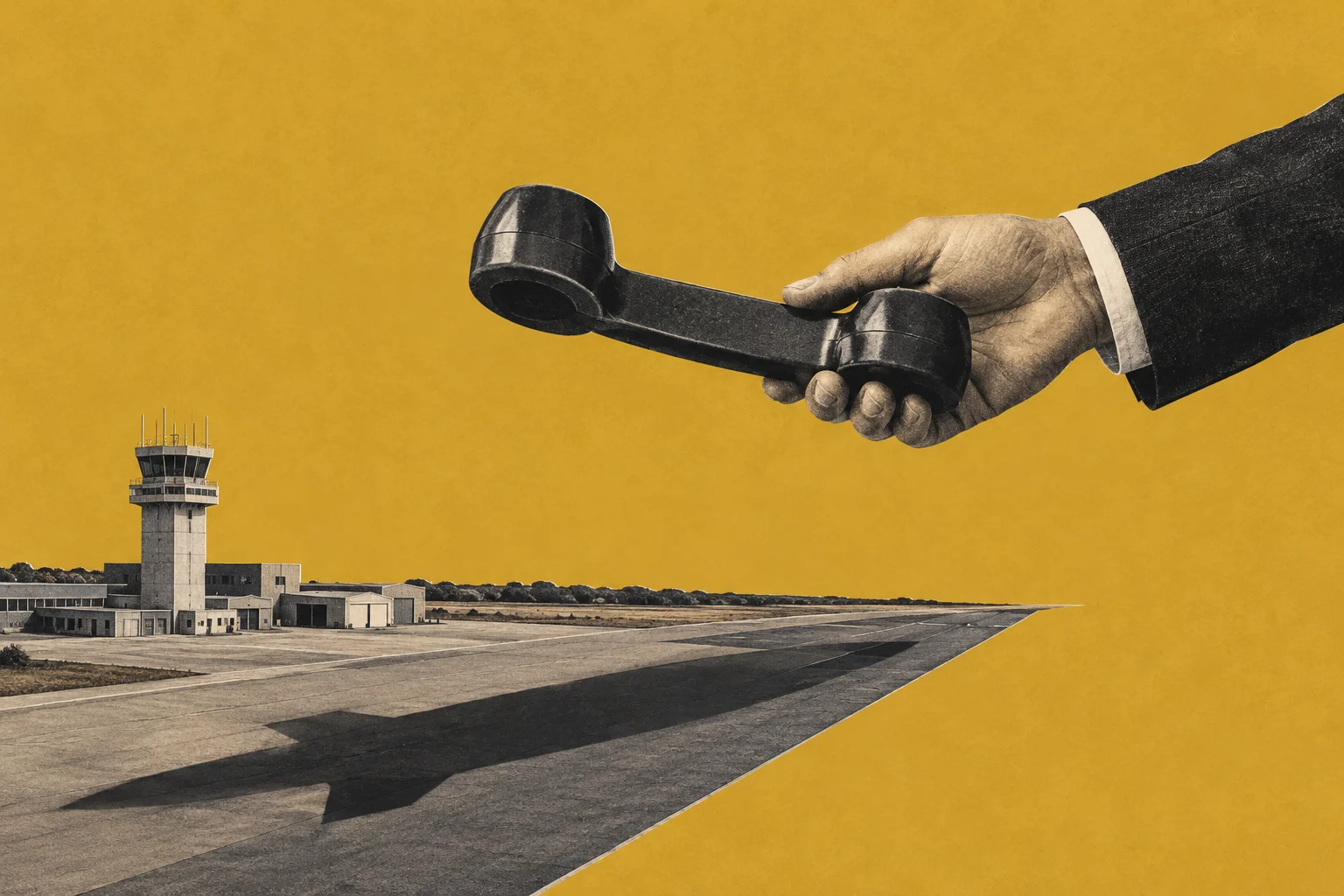 A suited hand holds a vintage telephone receiver above an airport runway and control tower against a mustard yellow background.