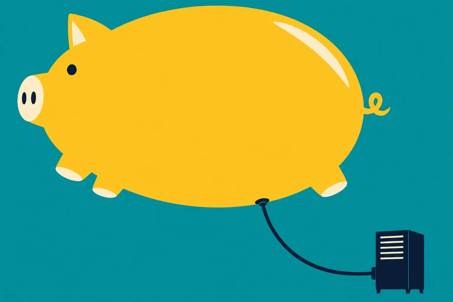 A large yellow pig-shaped balloon connects by a dark hose to a small air pump against a teal background.