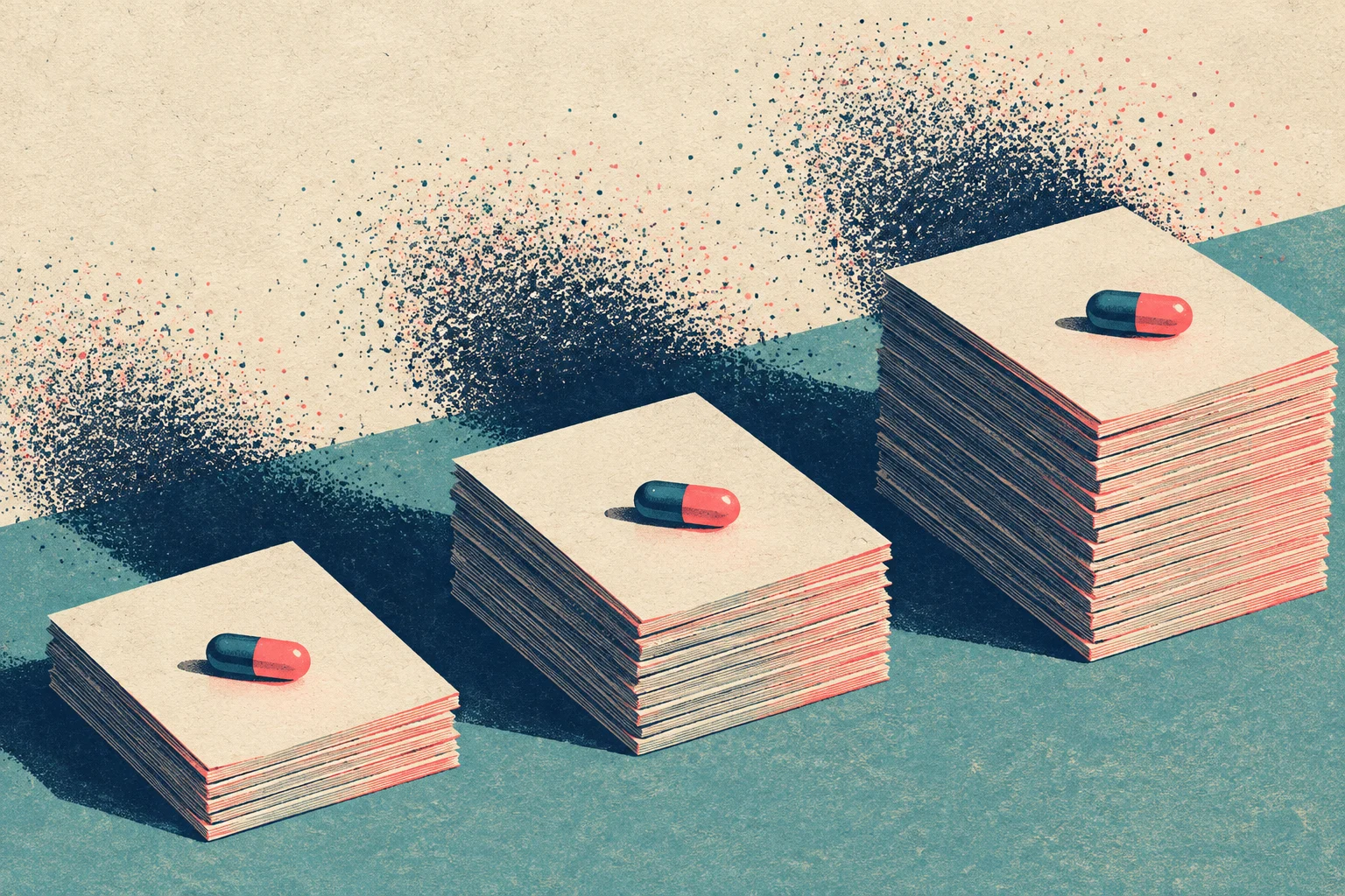Three increasingly tall stacks of paper each hold a red and blue capsule, with dark speckled clouds behind them on a textured cream and teal background.