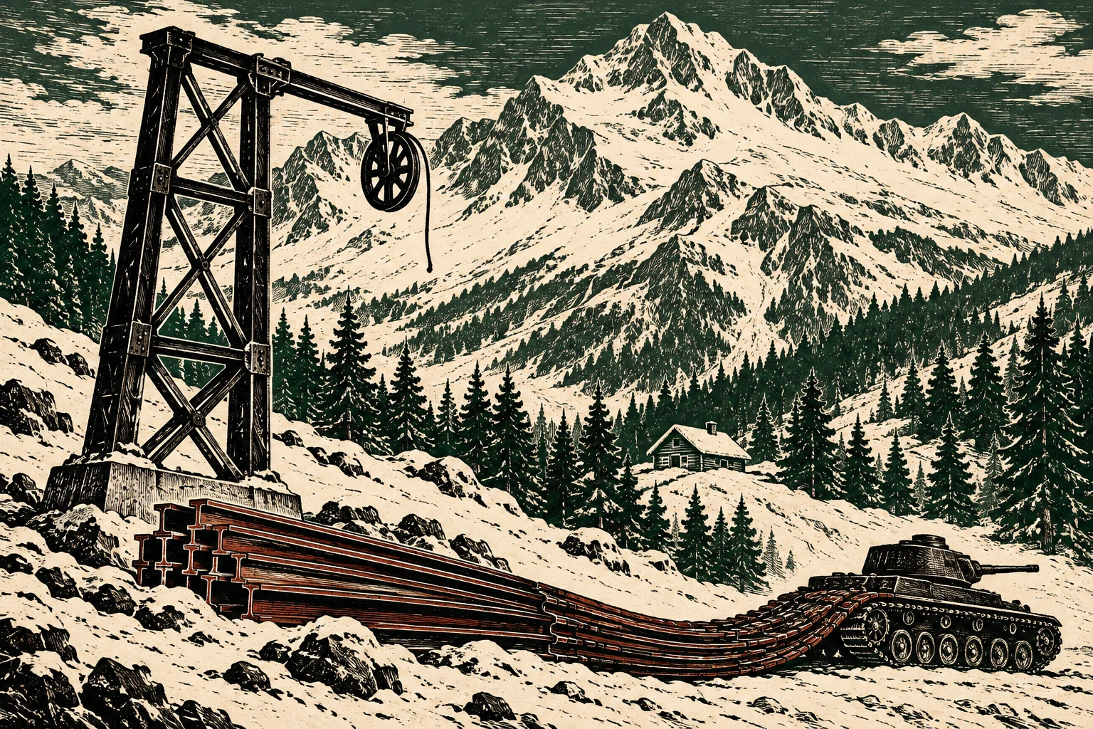 A vintage woodcut depicts a tank pulling long steel beams beside a wooden crane in a snowy mountain landscape with pine trees and a cabin.