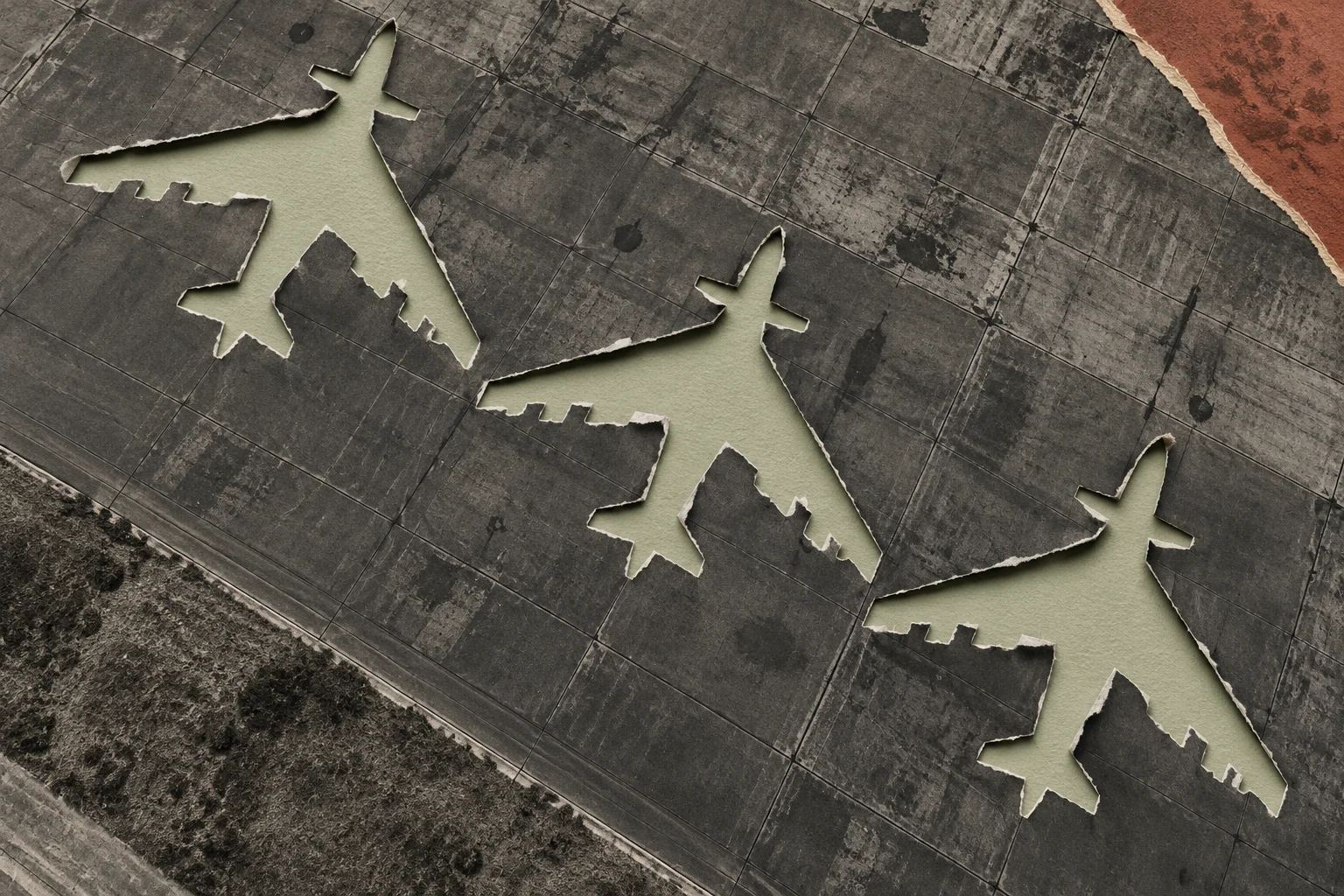 Three airplane-shaped cutouts reveal pale green paper beneath a weathered gray tiled surface, with torn edges and a reddish corner.