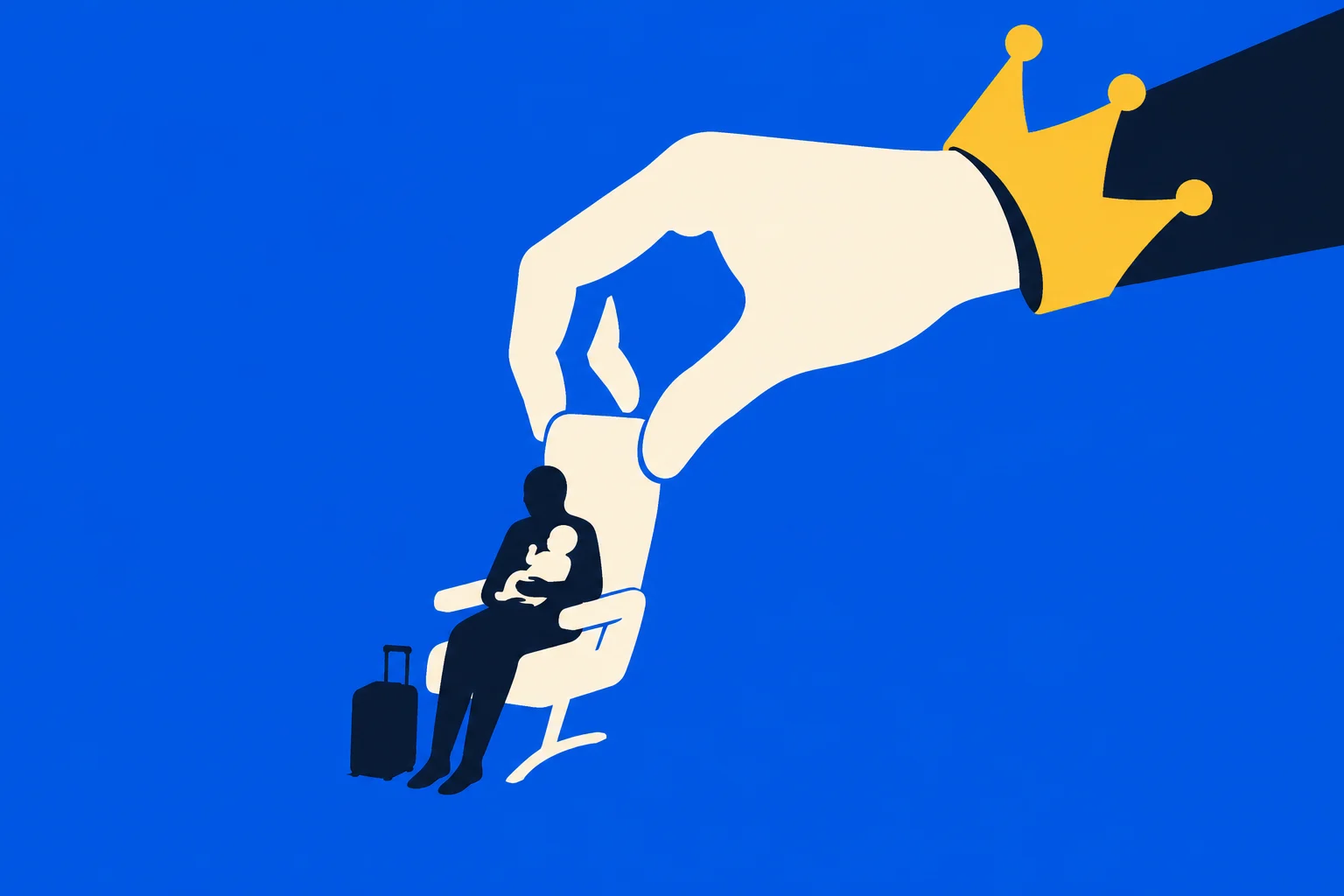 A giant crowned hand holds a small airplane seat containing a seated adult cradling a baby, with a suitcase beside them against a blue background.