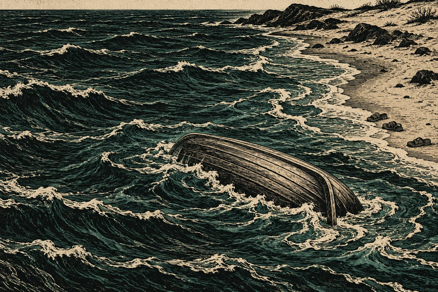 A woodcut-style scene shows an overturned wooden boat amid choppy dark waves beside a rocky beach, with three sandals scattered along the shore.