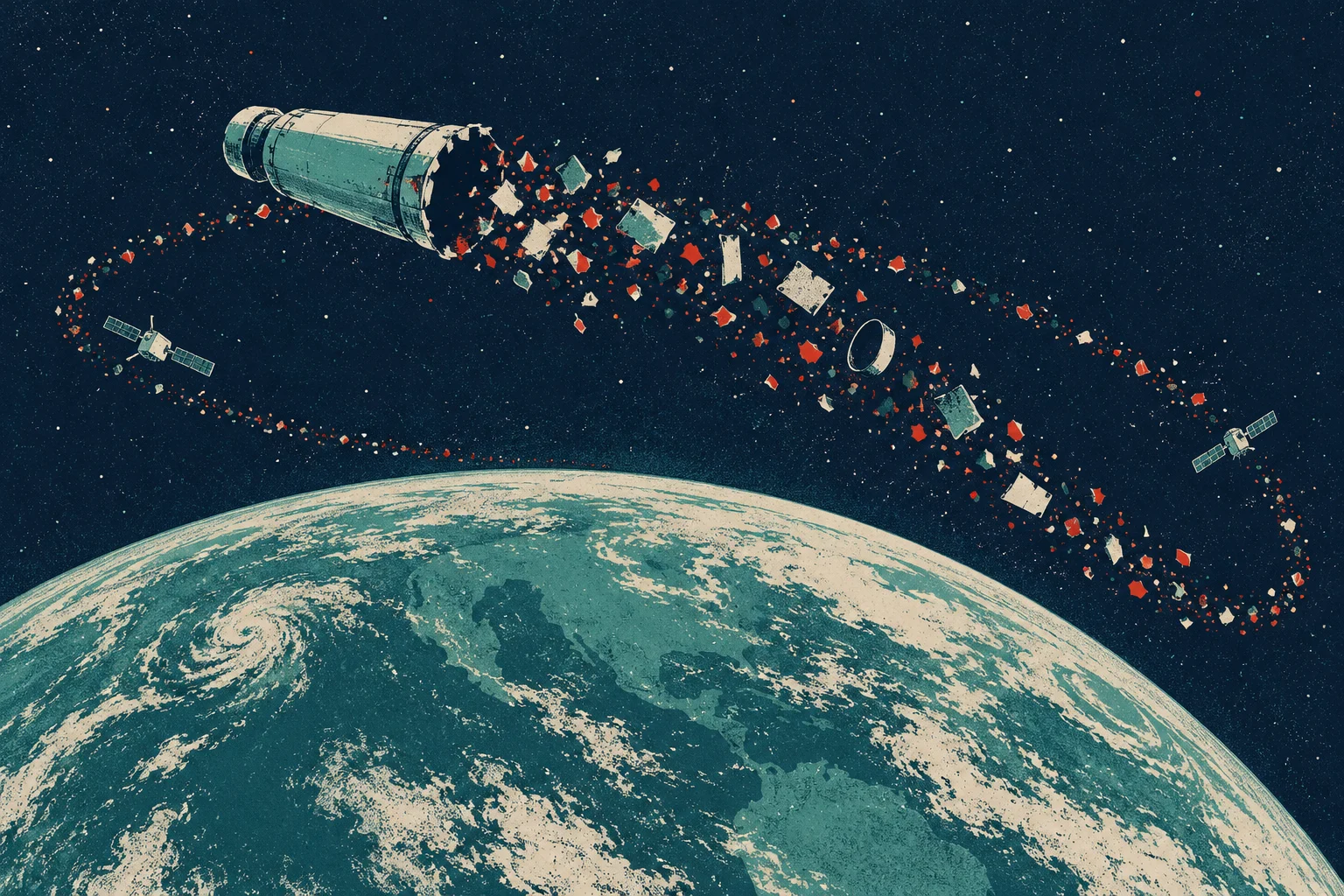 A broken rocket stage scatters debris along an orbital path between two satellites above Earth, illustrated in a textured retro style.