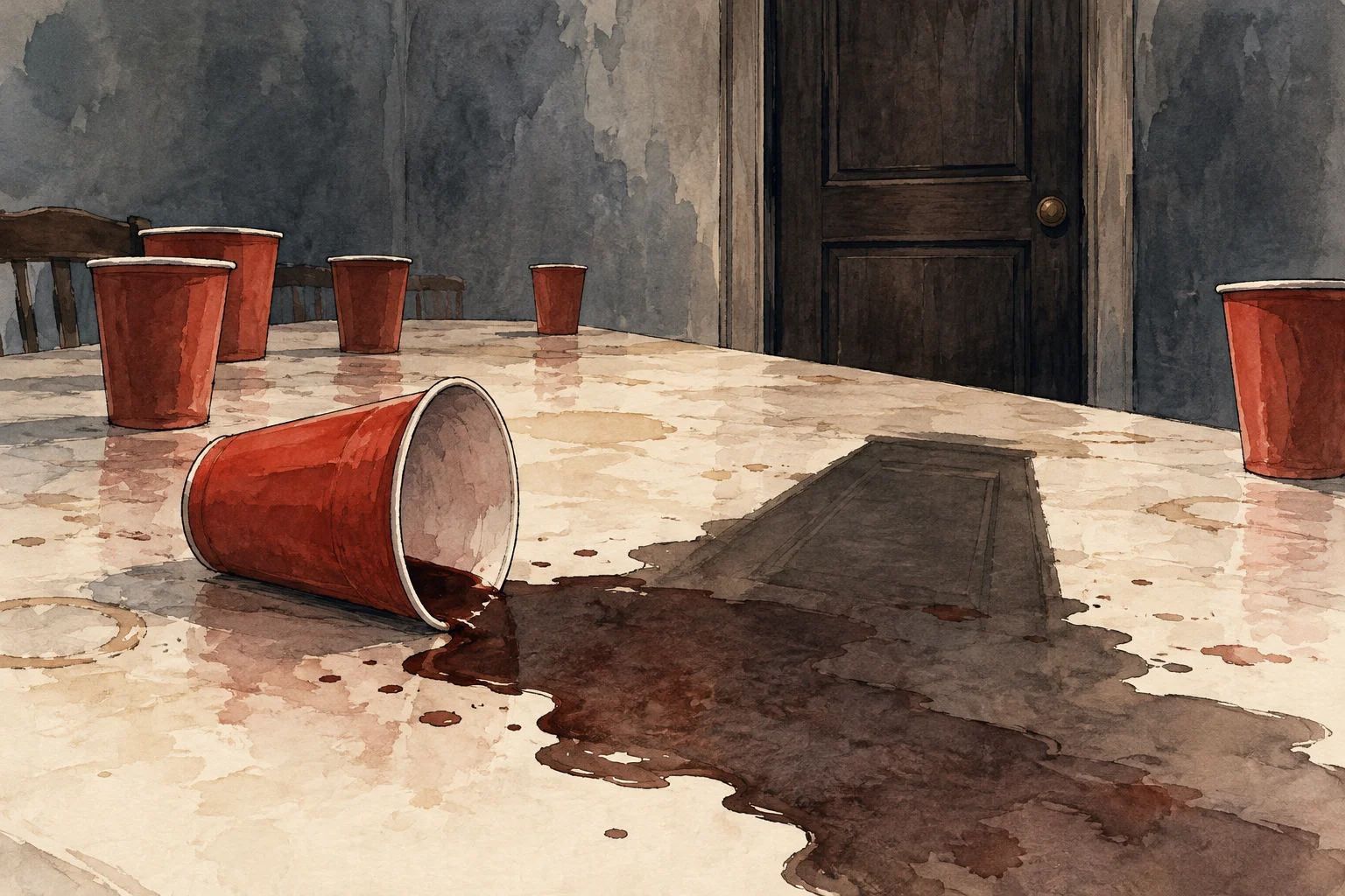 Red cups sit on a stained table, with one overturned and spilling dark liquid that reflects a closed wooden door in a watercolor scene.