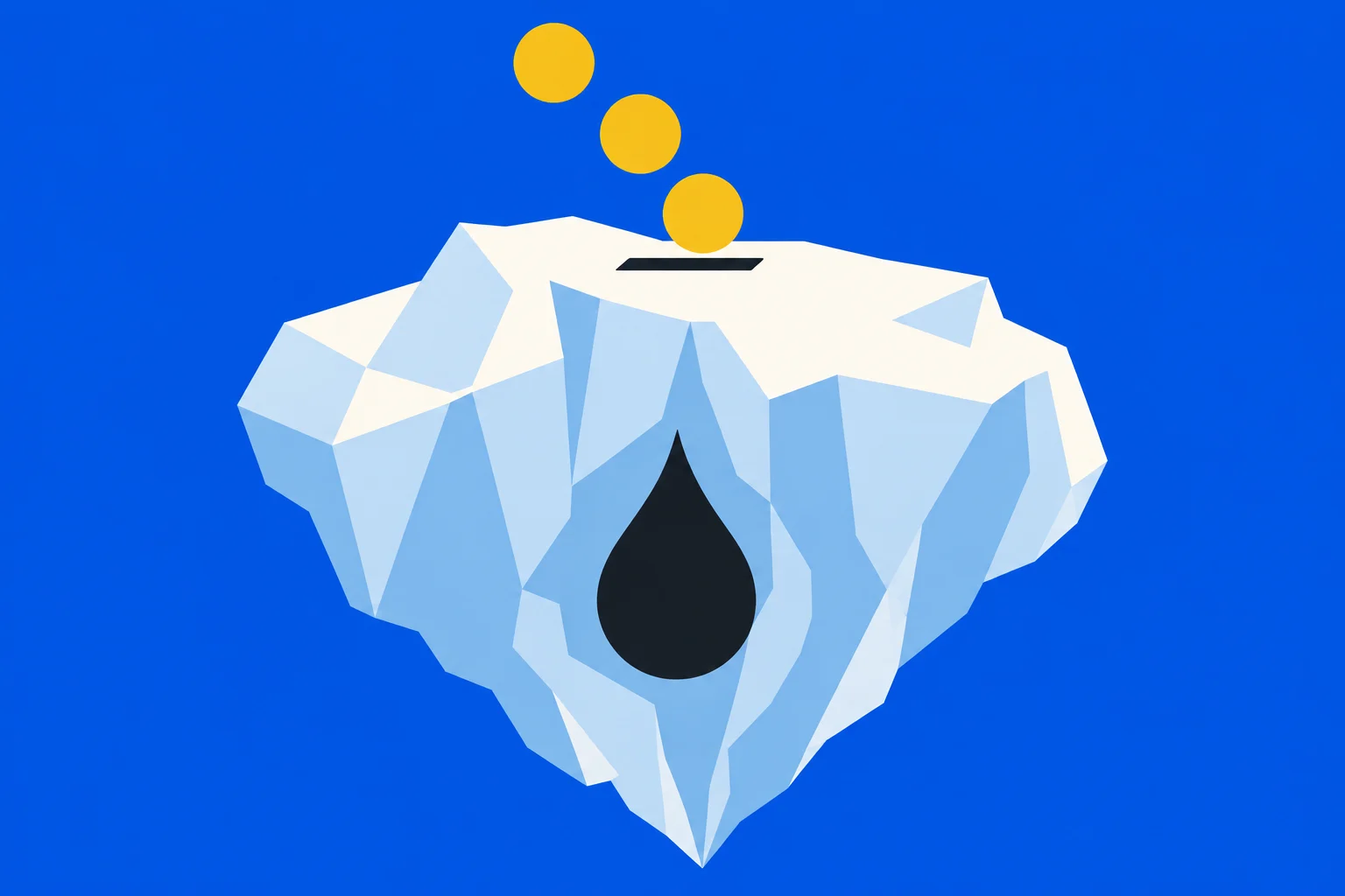 Three gold coins fall toward a slot atop a faceted iceberg with a black oil droplet on its front, against a blue background.