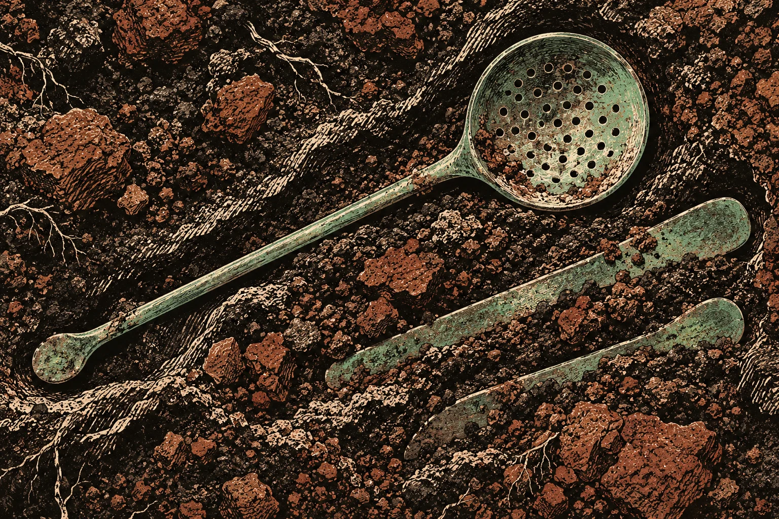 Three weathered green utensils, including a perforated skimmer, lie partially buried in dark soil scattered with reddish rocks and pale roots.