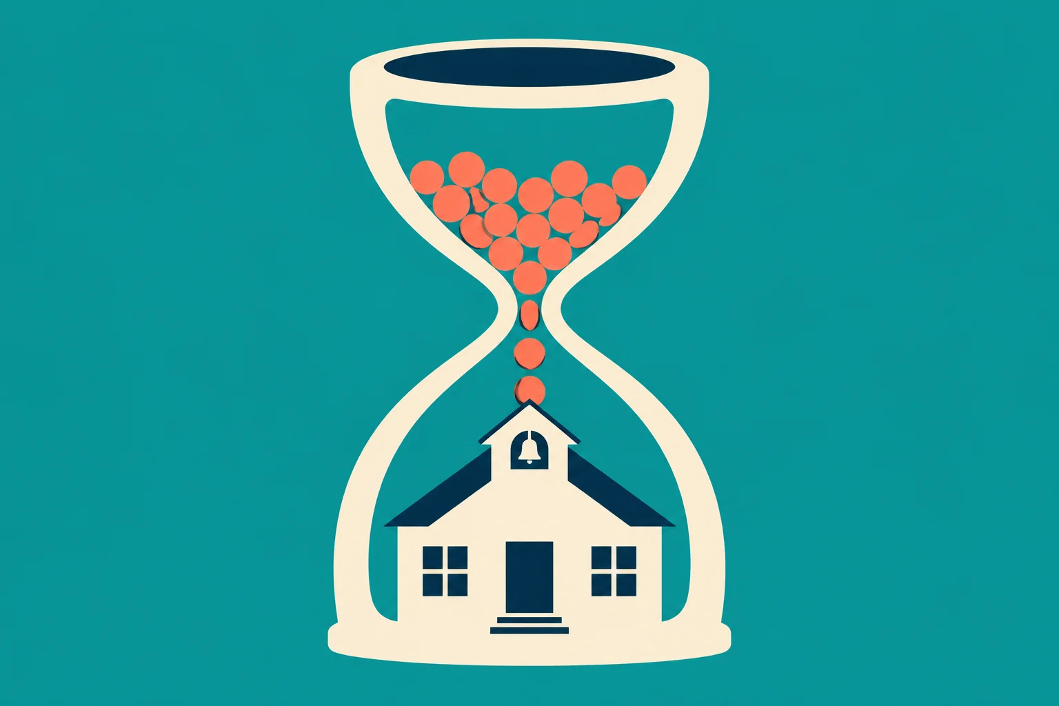 A cream hourglass on a teal background holds orange balls falling toward a schoolhouse with a bell tower in its lower chamber.