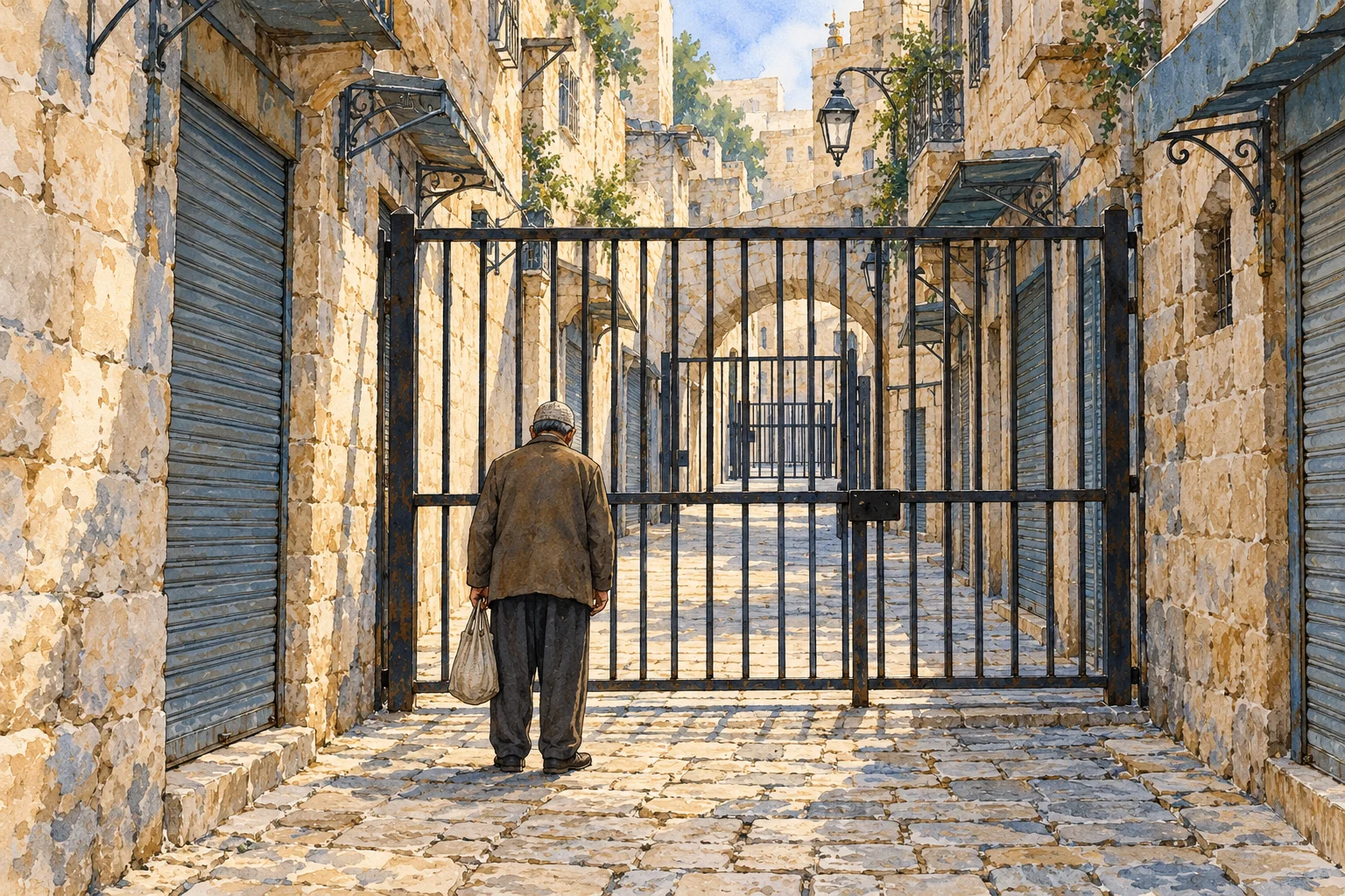 An elderly man carrying a bag faces a closed iron gate across a sunlit stone alley lined with shuttered shops and arches.