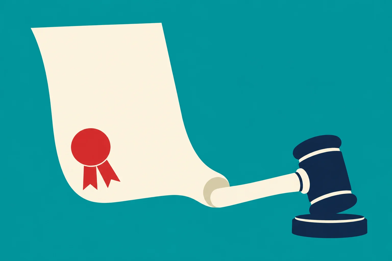 A blank cream parchment with a red ribbon seal curls beside a navy blue judge’s gavel and base against a teal background.