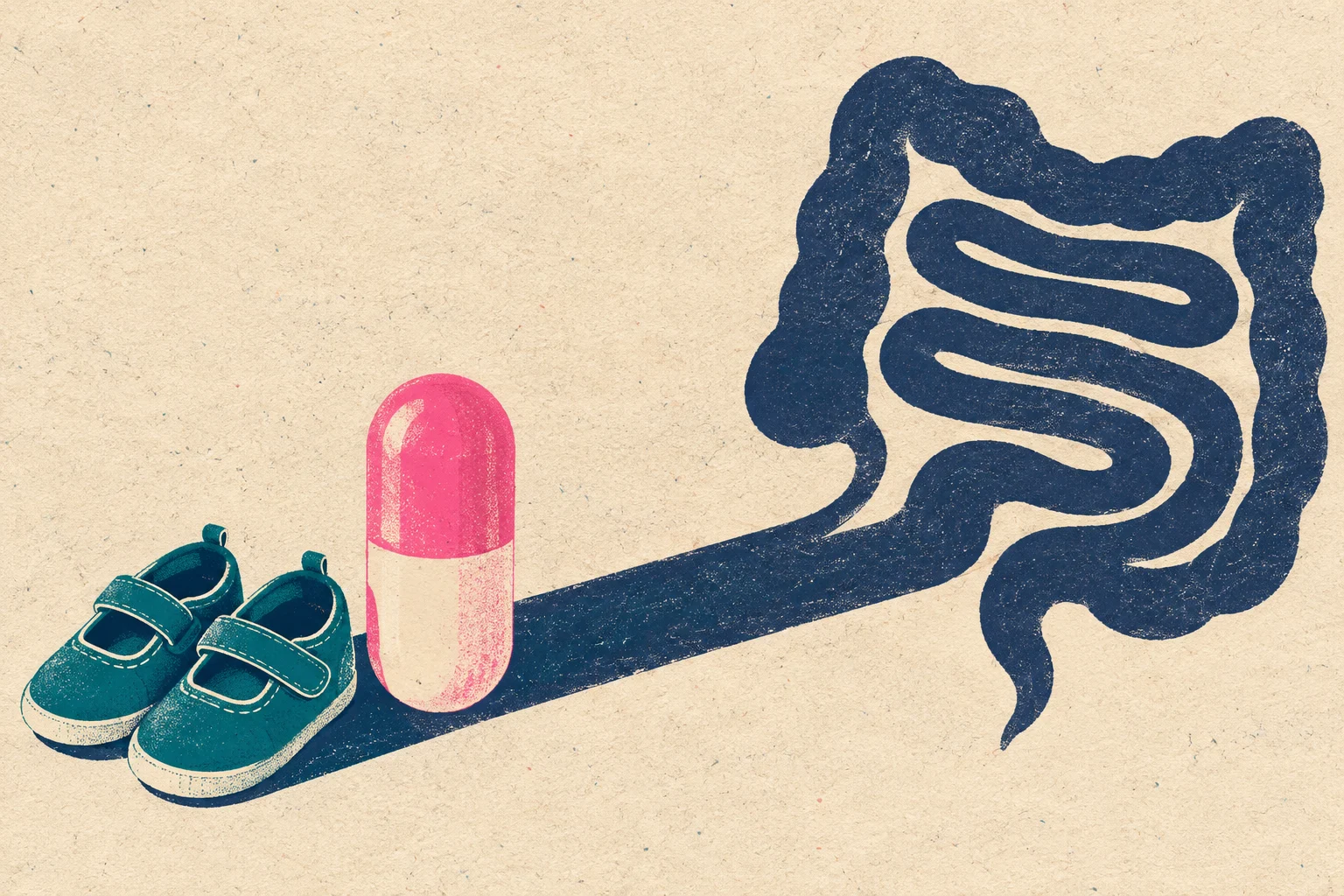 Small teal children's shoes and a pink capsule cast a long navy shadow shaped like intestines on textured beige paper.