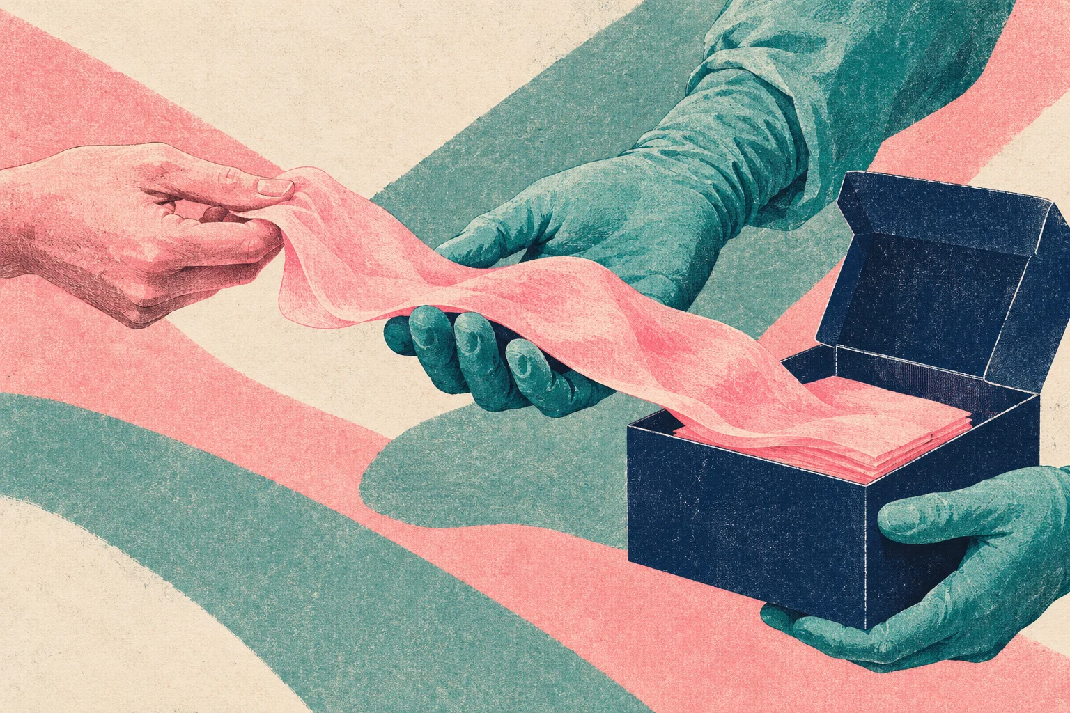 A bare hand pulls pink tissue from a dark blue box held by teal gloved hands against a textured cream, pink, and teal background.