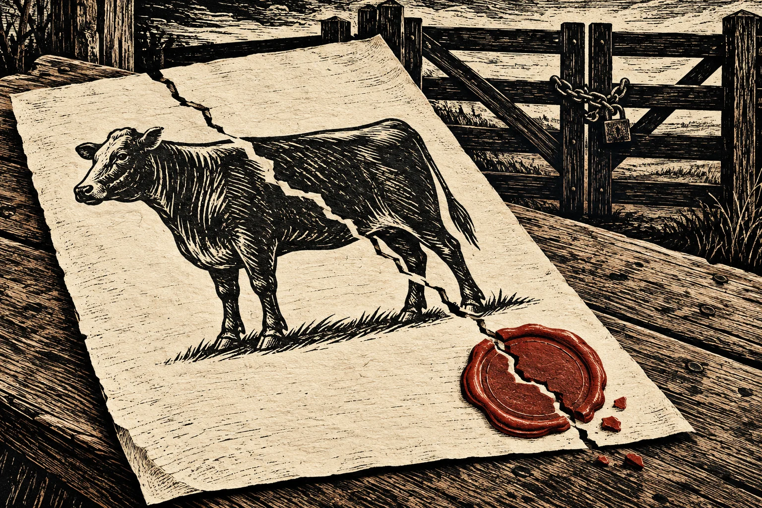 A torn parchment bearing a cow illustration and a broken red wax seal rests on a wooden table beside a chained, padlocked farm gate.