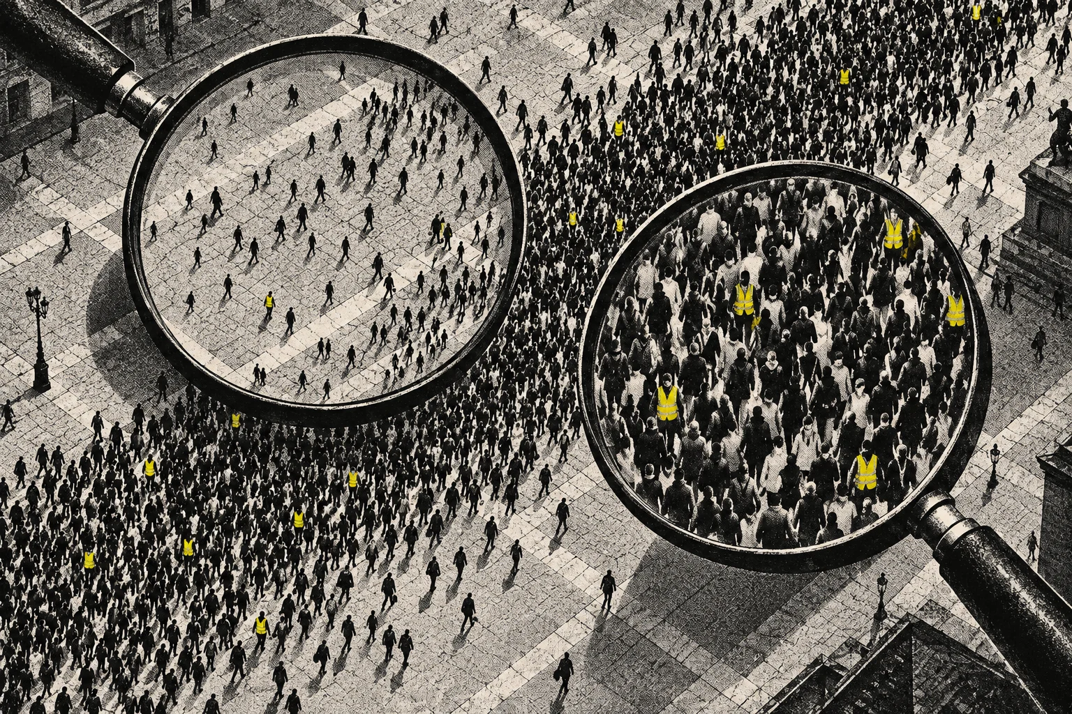 Two large magnifying glasses reveal people in a crowded black-and-white plaza, with scattered figures wearing bright yellow safety vests.